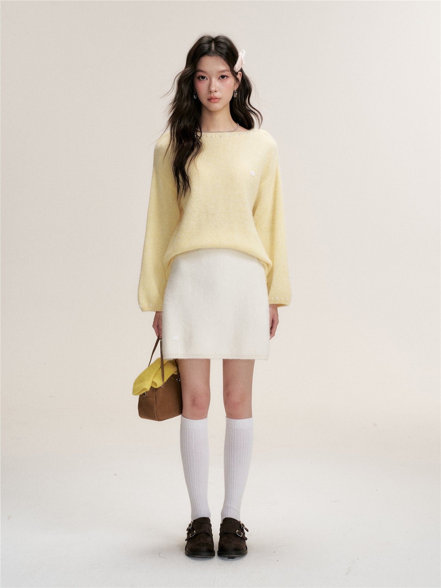 16DEWS 16D25461 Nine inch sleeve rabbit hair cotton wool blended knitted top