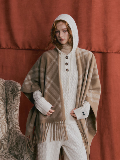 AsGony ASG25516 Vintage plaid fringe cape shawl