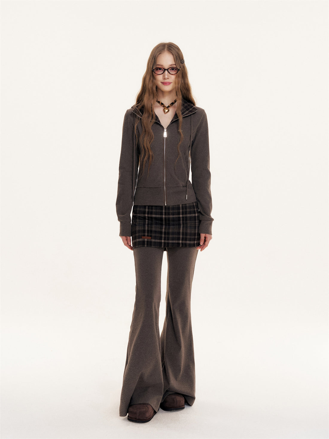 16DEWS 16D25427&amp;16D25428 Plaid hooded slim fit hoodie + pants set