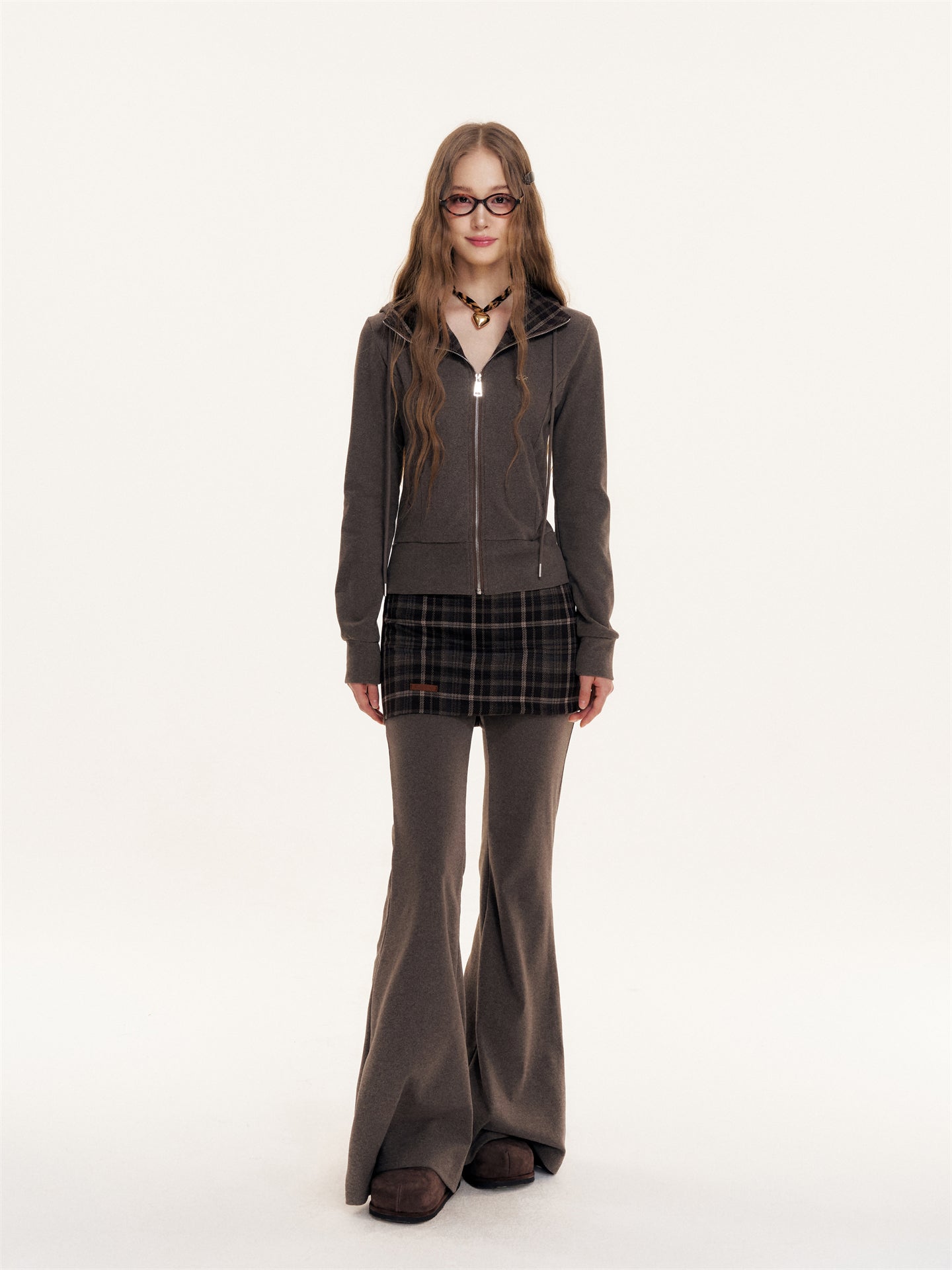 16DEWS 16D25427&amp;16D25428 Plaid hooded slim fit hoodie + pants set