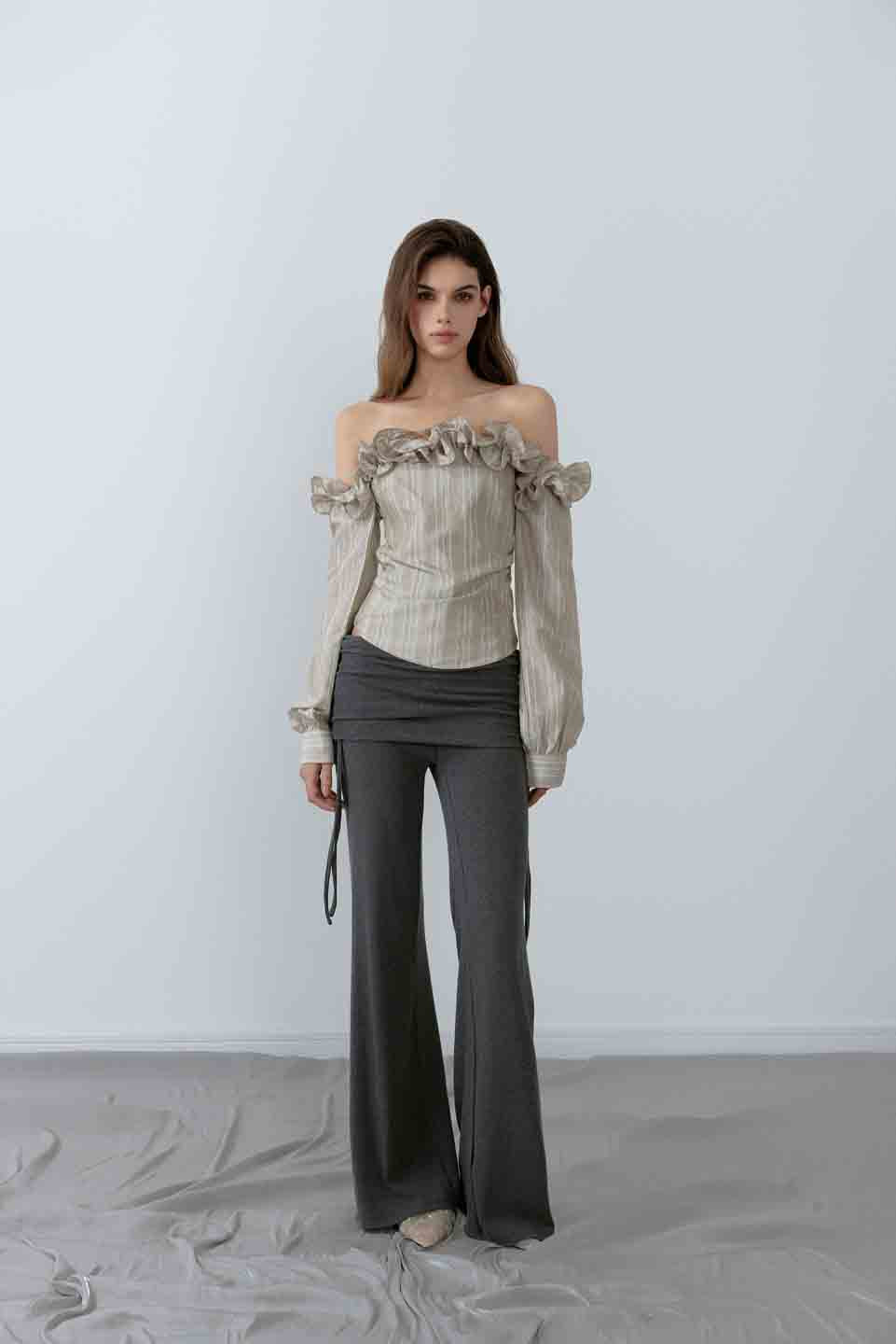 NONCESTNON N221 Striped pleated long sleeved top