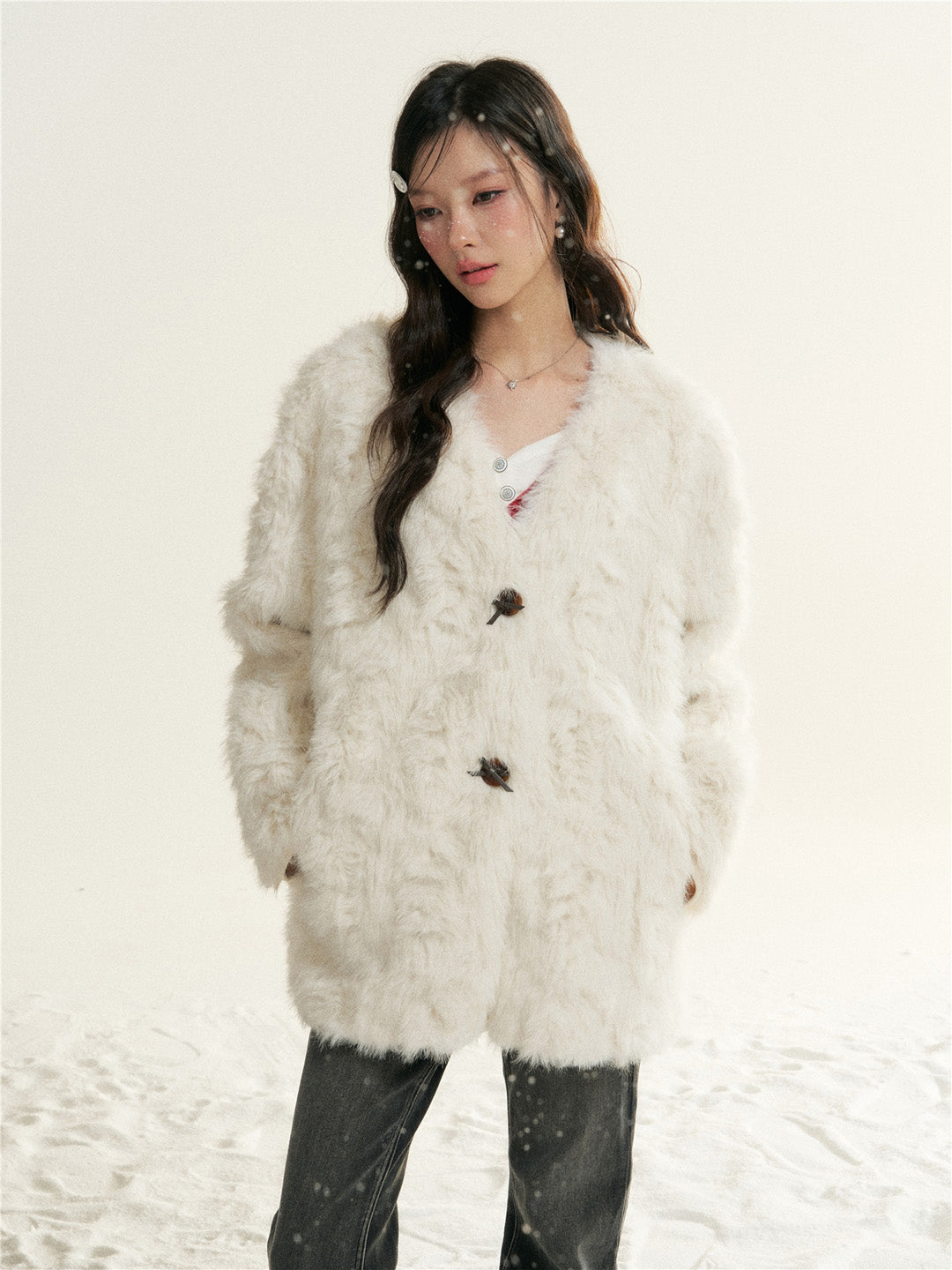 16DEWS 16D25522 Imitation fur one-piece single breasted V-neck jacket