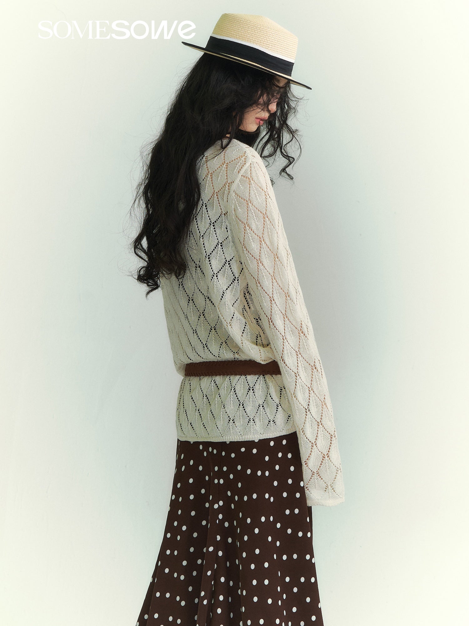 SOMESOWE S2609074 Paper and yarn diamond grid hollow top