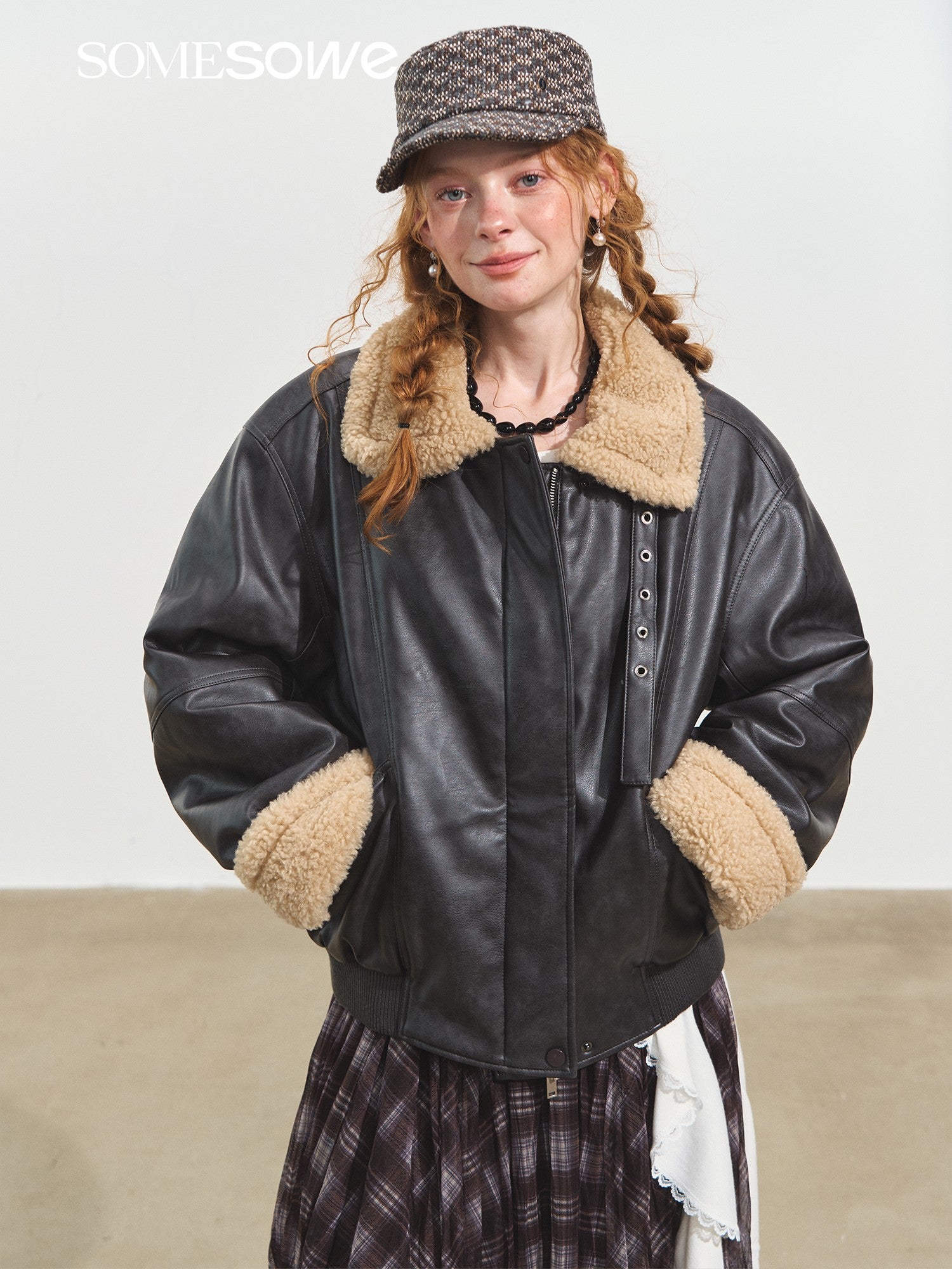 SOMESOWE S2508232 Shearling Motorcycle Jacket with Lapel