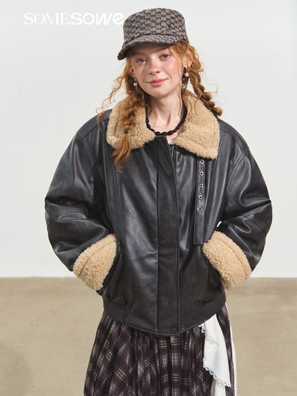 SOMESOWE S2508232 Shearling Motorcycle Jacket with Lapel