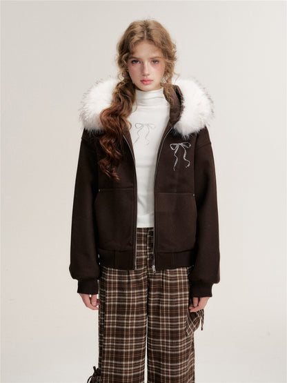 16DEWS 16D25487 Detachable faux fur collar woolen sweatshirt jacket