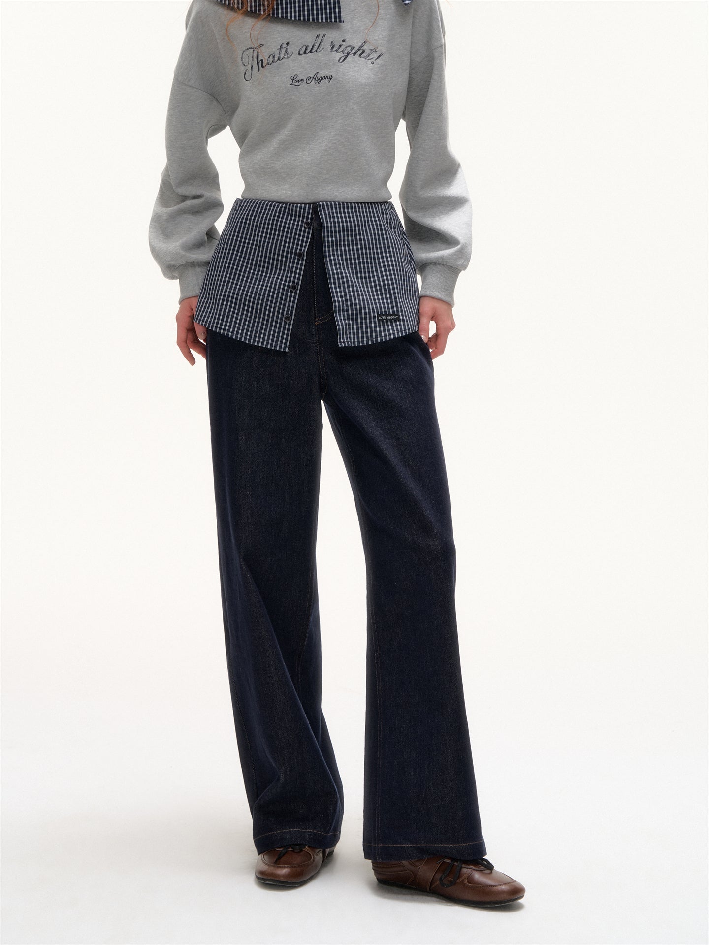 AsGony ASG25423 Checkered splicing fake two-piece straight leg jeans