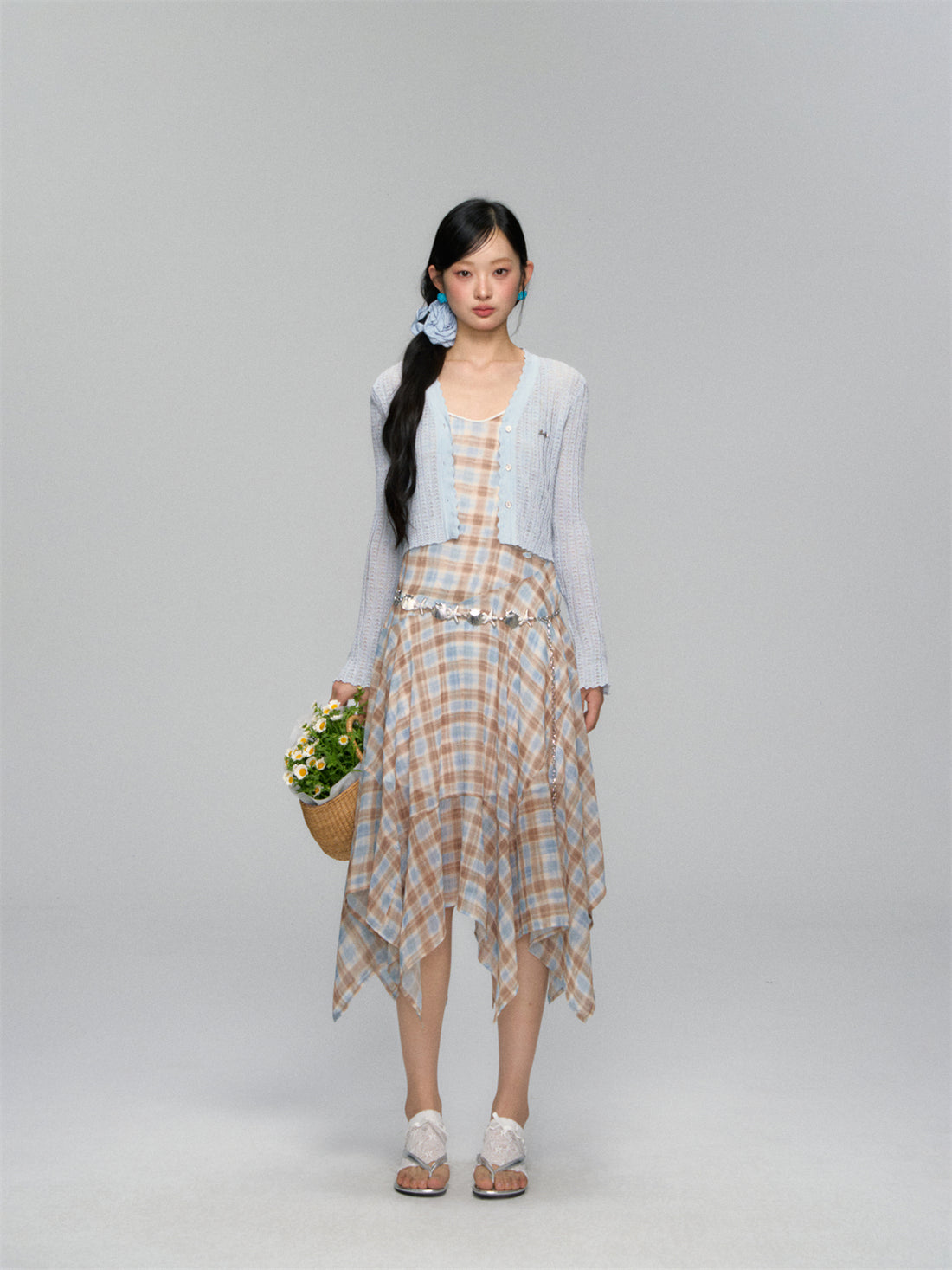 AsGony ASG25159 Irregular plaid camisole ruffle edge dress