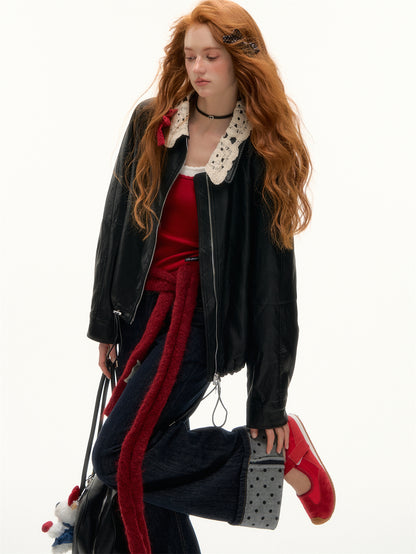 AsGony ASG25392 Detachable hand hook collar zipper leather jacket