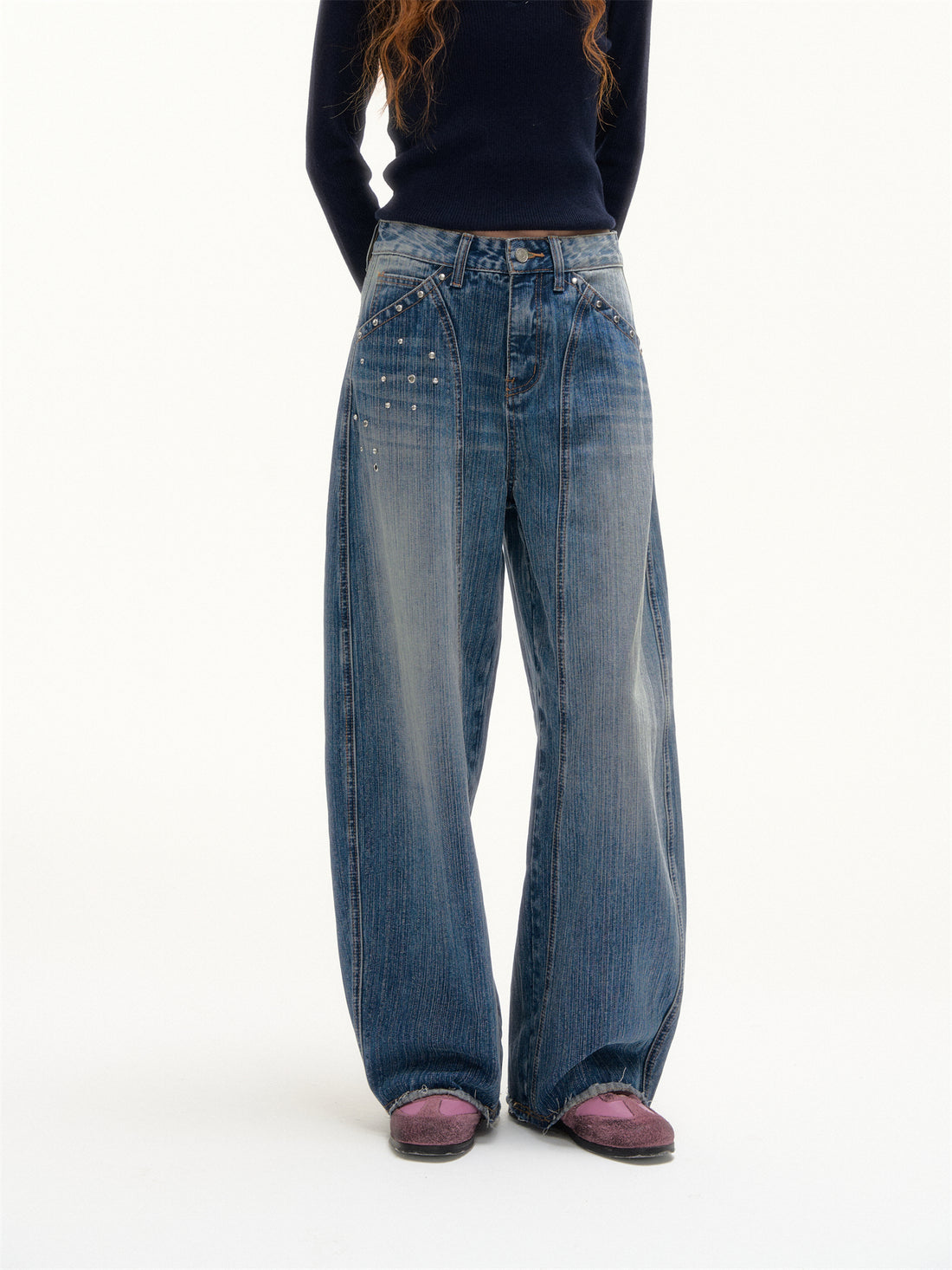 AsGony ASG25376 Rivet washed curved knife jeans