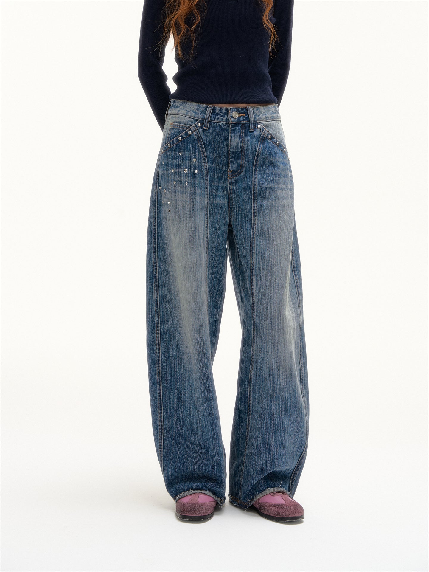 AsGony ASG25376 Rivet washed curved knife jeans