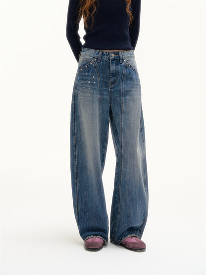 AsGony ASG25376 Rivet washed curved knife jeans