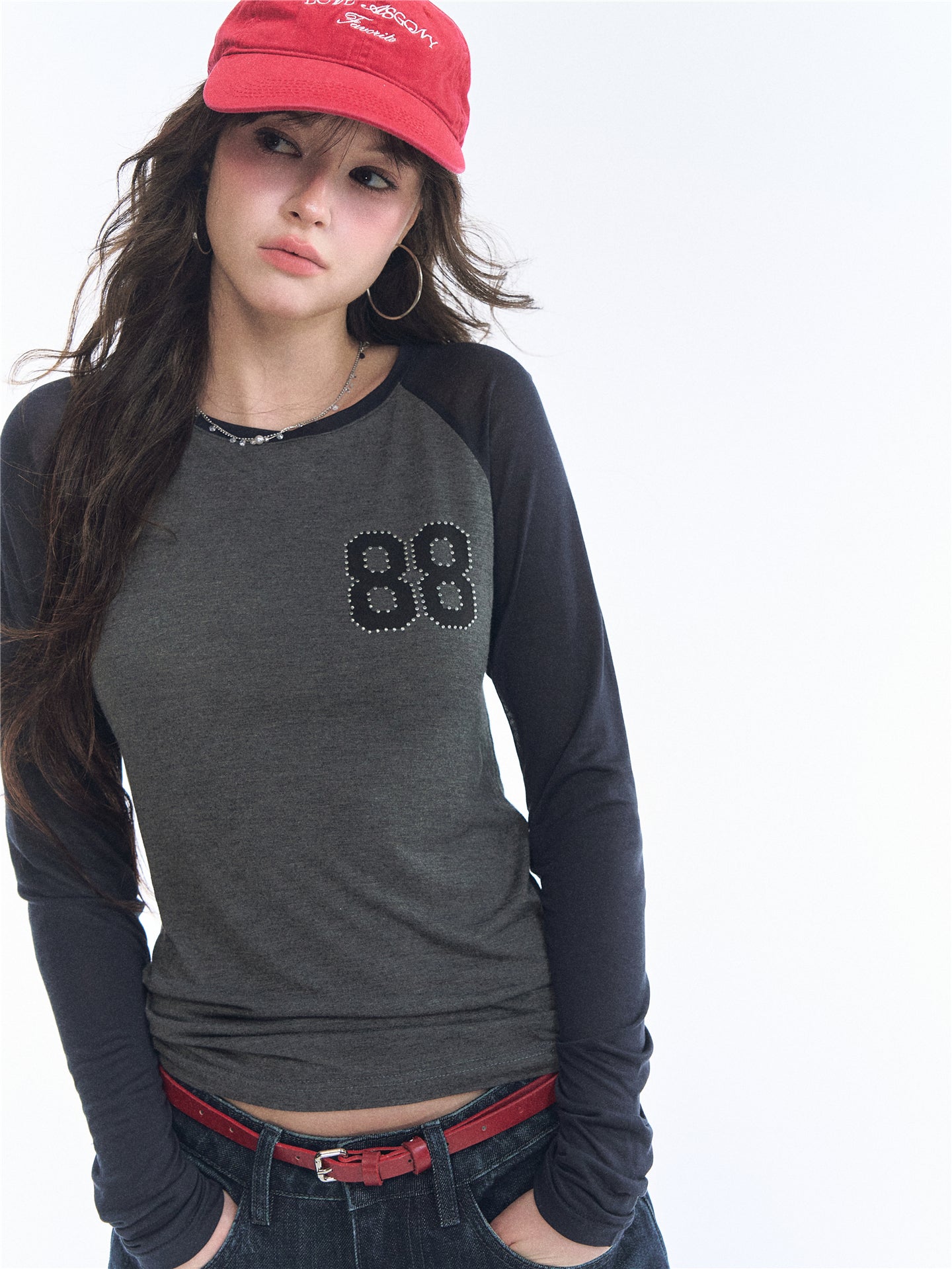 Asgony ASG26543 Crew Neck Contrast Slim Raglan Sleeve Top