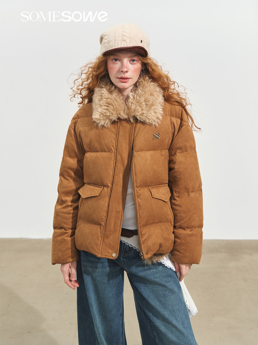 SOMESOWE S2508233 Suede patchwork fur collar down jacket