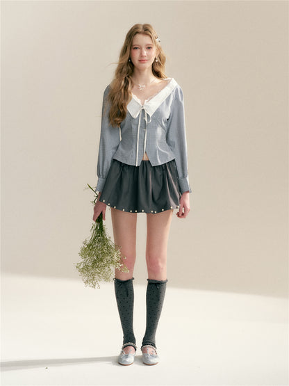 16DEWS 16D26020 Lace edged V-neck plaid patchwork waist cinching shirt