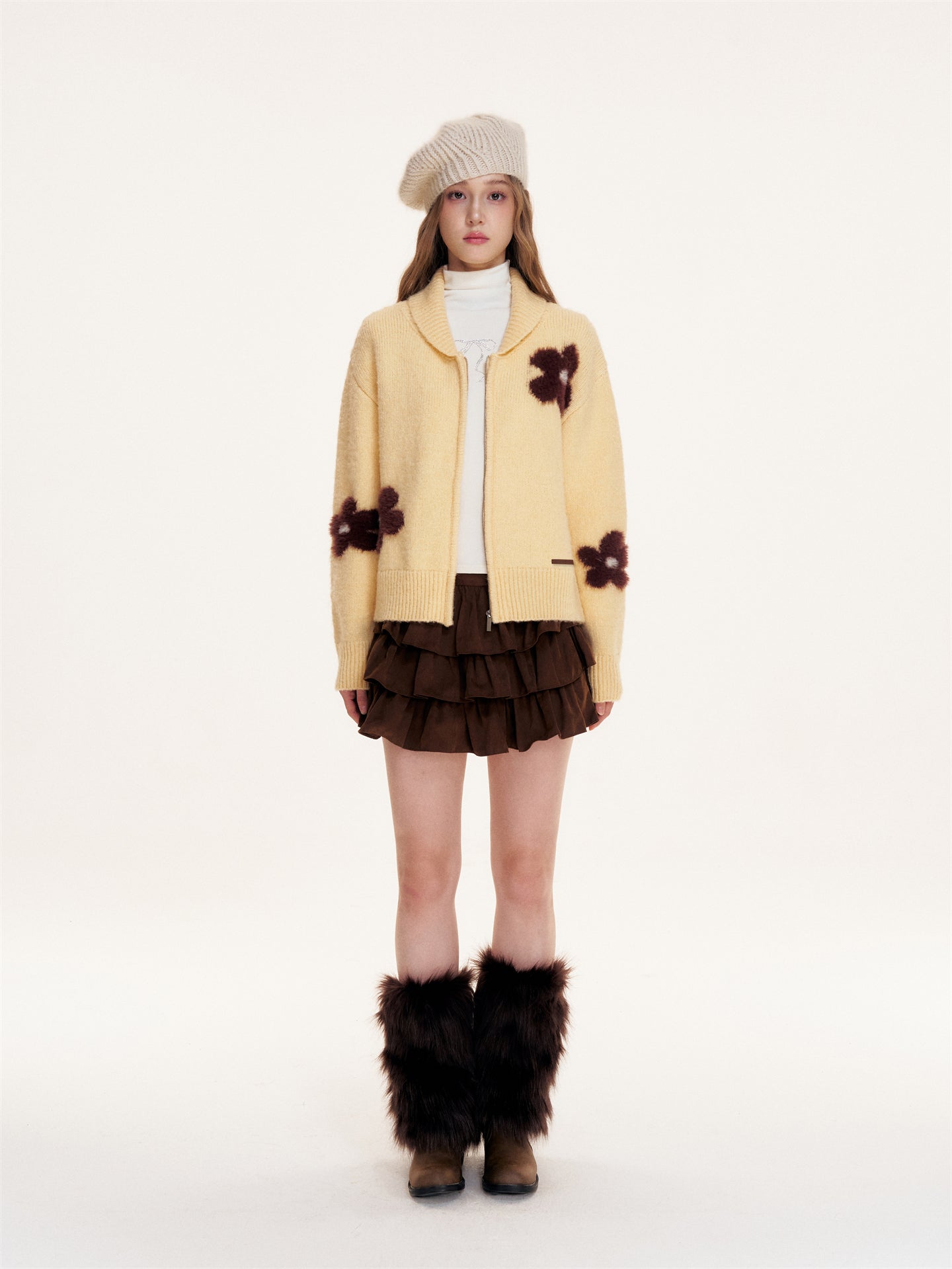 16DEWS 16D25433 Flower jacquard zipper cardigan