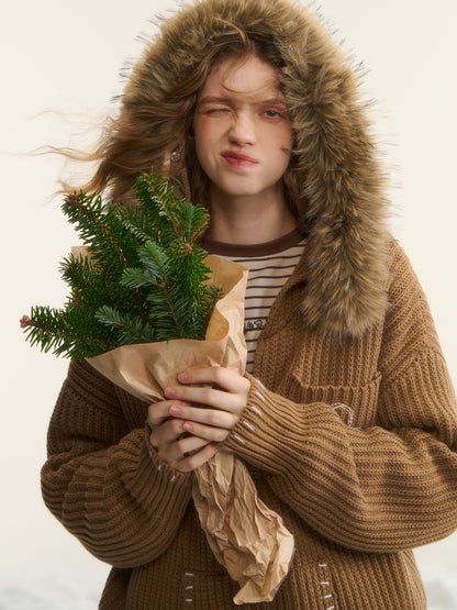 AsGony ASG25552 Detachable fur collar texture embroidered knit cardigan