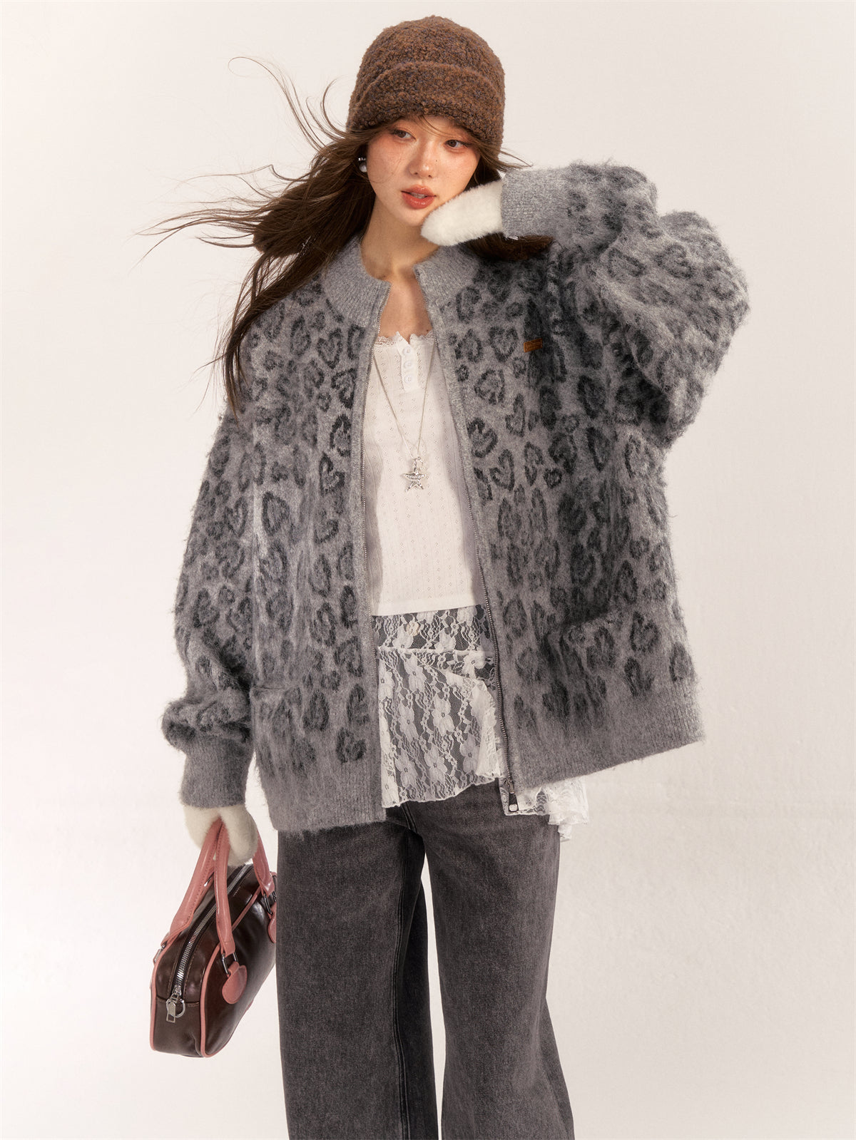 AsGony ASG24550 wool blended loose knitted jacket