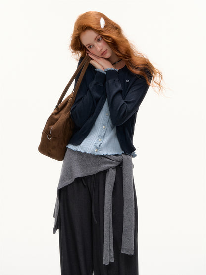 AsGony ASG25409 Color blocking fake two-piece spliced knitted cardigan