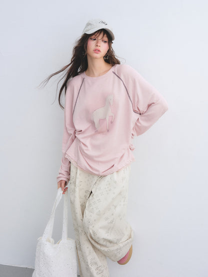 AsGony ASG26026 Tencel wool raglan sleeves with ponytail printed lace T-shirt