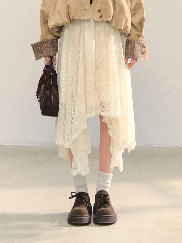 AsGony ASG25348 Beige lace irregular long skirt