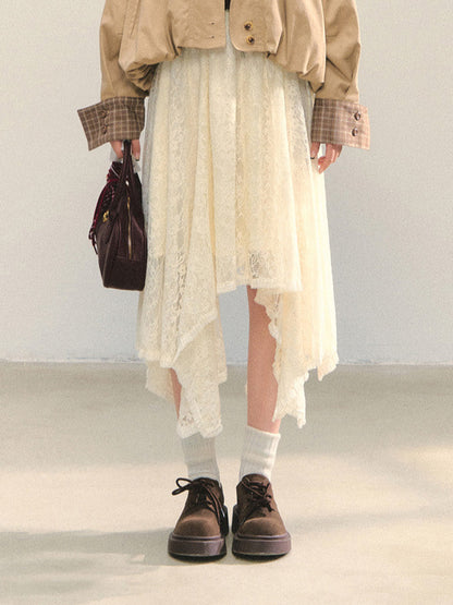 AsGony ASG25348 Beige lace irregular long skirt