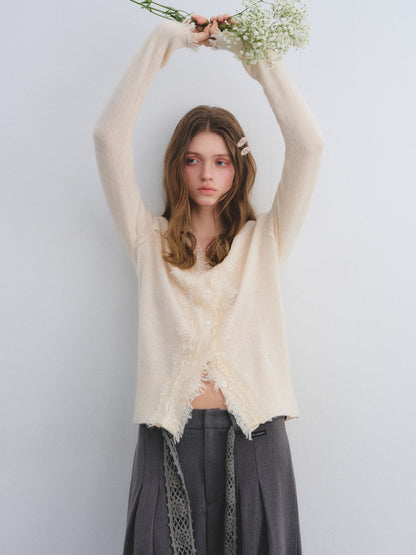 AsGony ASG25662 Sheep wool lace patchwork V-neck knitted sweater