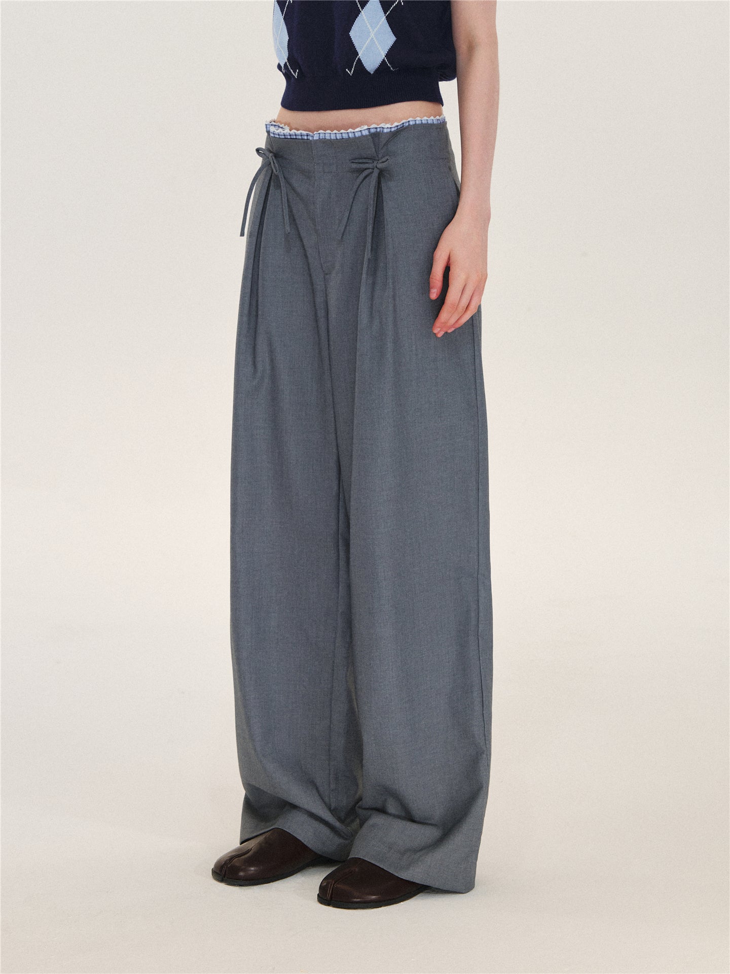Asgony ASG26627 Plaid Lace-Trim Pleated-Waist Trousers