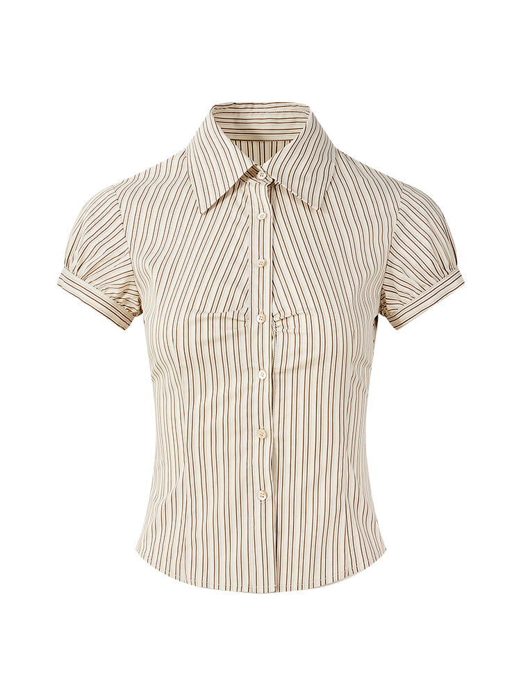 FIND YA WINGS Retro striped waist cinched short sleeved shirt