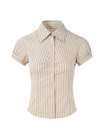 FIND YA WINGS Retro striped waist cinched short sleeved shirt