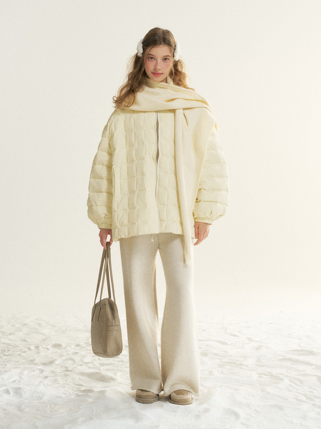 16DEWS 16D25533 White duck down mid length checkered down jacket