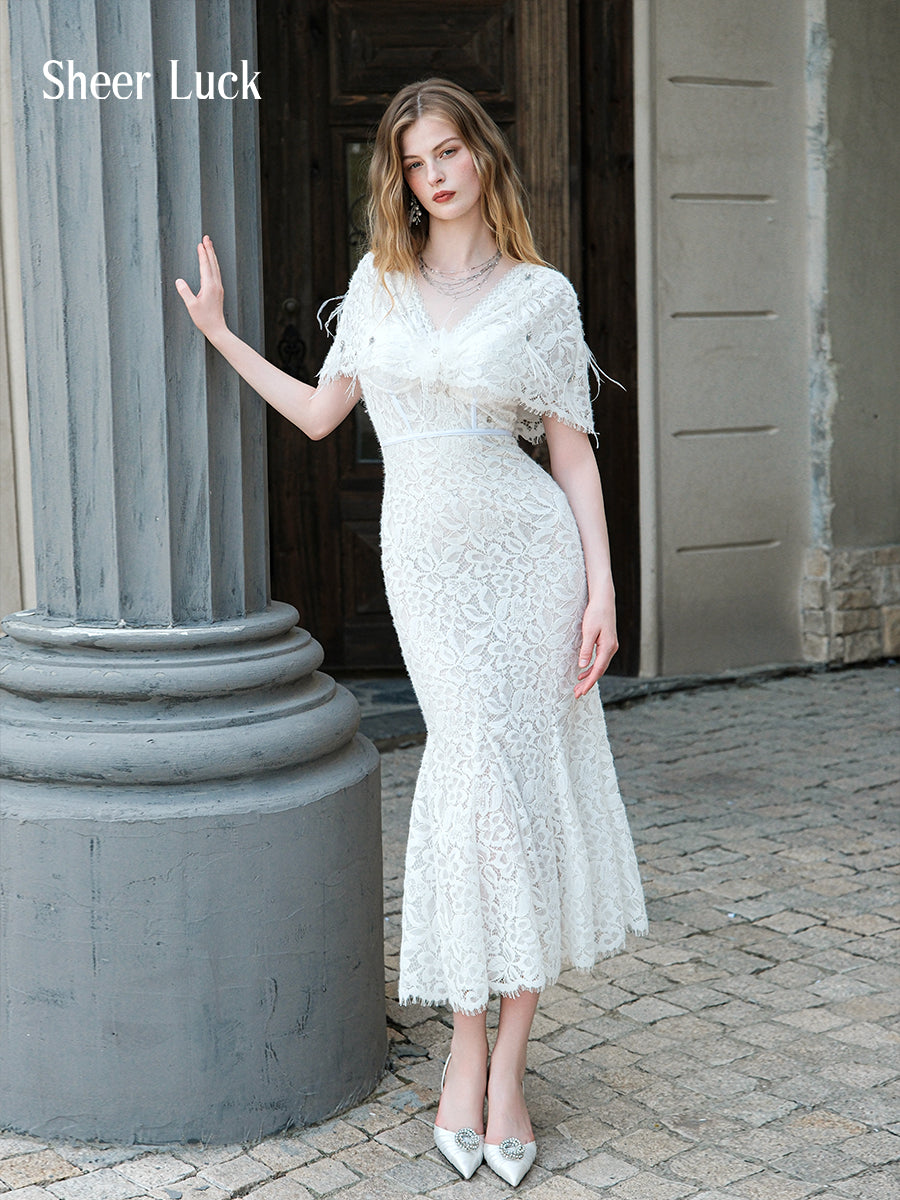 SHEERLUCK SLLYQ25405 V-neck lace shawl suspender dress