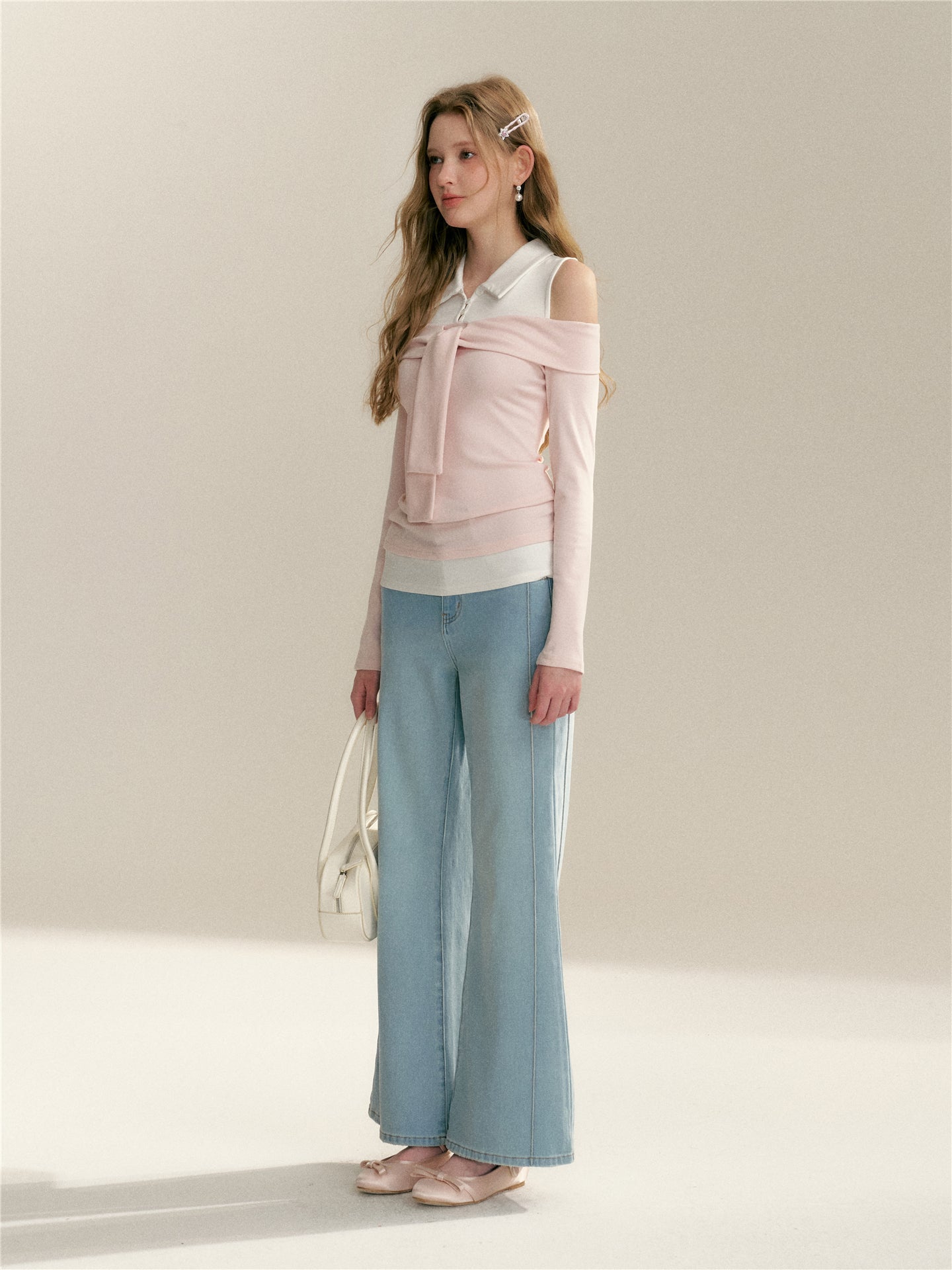 16DEWS 16D26022 Fake two piece off shoulder strap splicing slim fit top