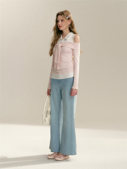 16DEWS 16D26022 Fake two piece off shoulder strap splicing slim fit top