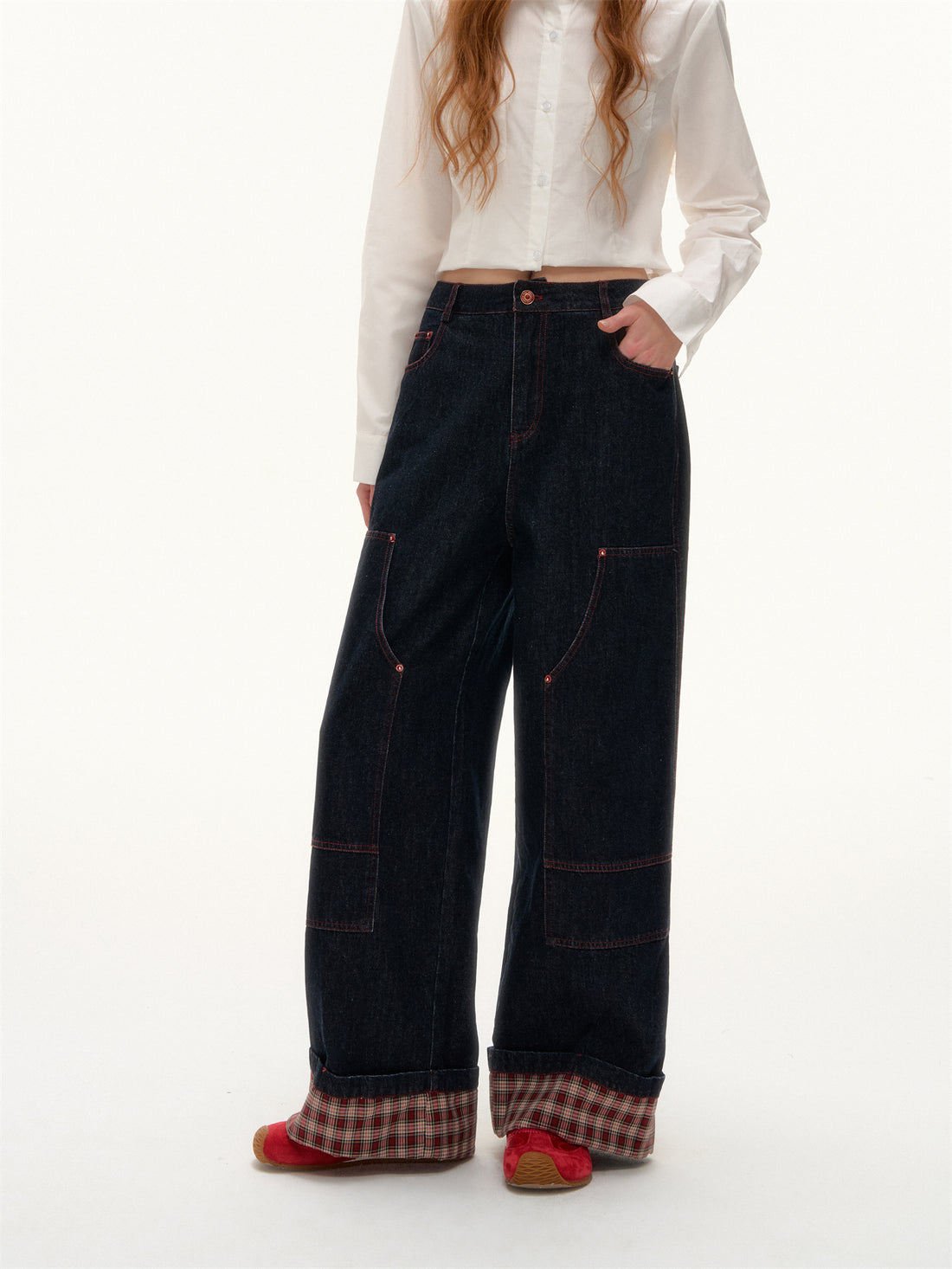 AsGony ASG25380 Plaid spliced flared hem original denim jeans