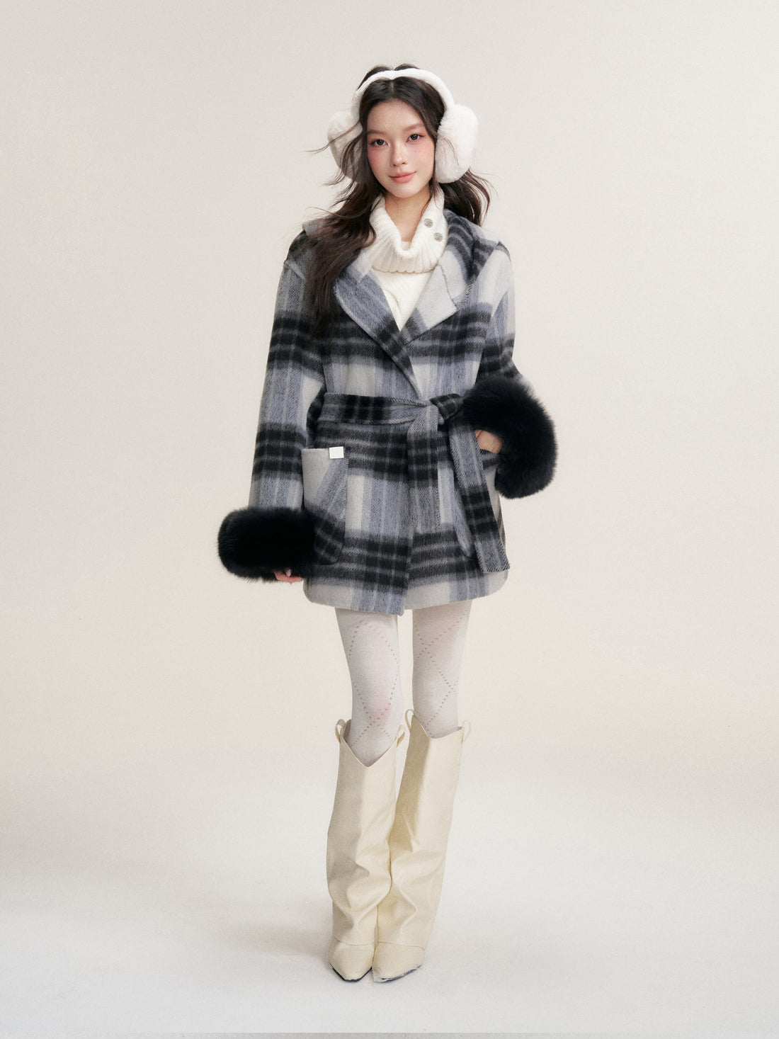 16DEWS 16D25456 Plaid hooded double-sided wool coat