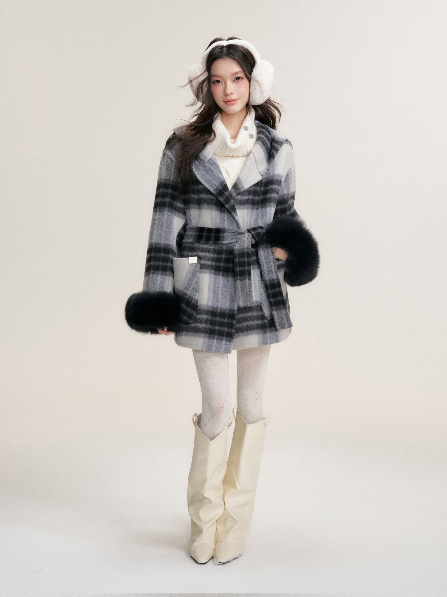 16DEWS 16D25456 Plaid hooded double-sided wool coat
