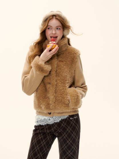 AsGony ASG25587 Environmentally friendly fur knitted stand up collar spliced jacket