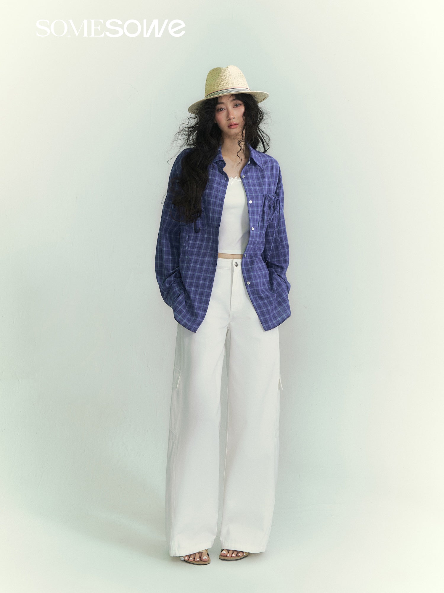 SOMESOWE S2609071 Drawstring pocket plaid shirt