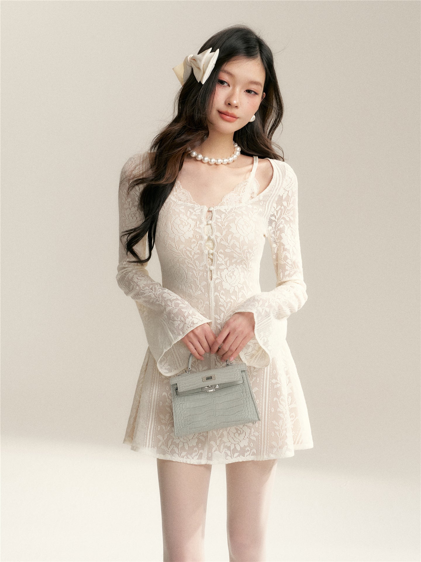 16DEWS 16D26053 Hollow jacquard lace slim fit A-line dress