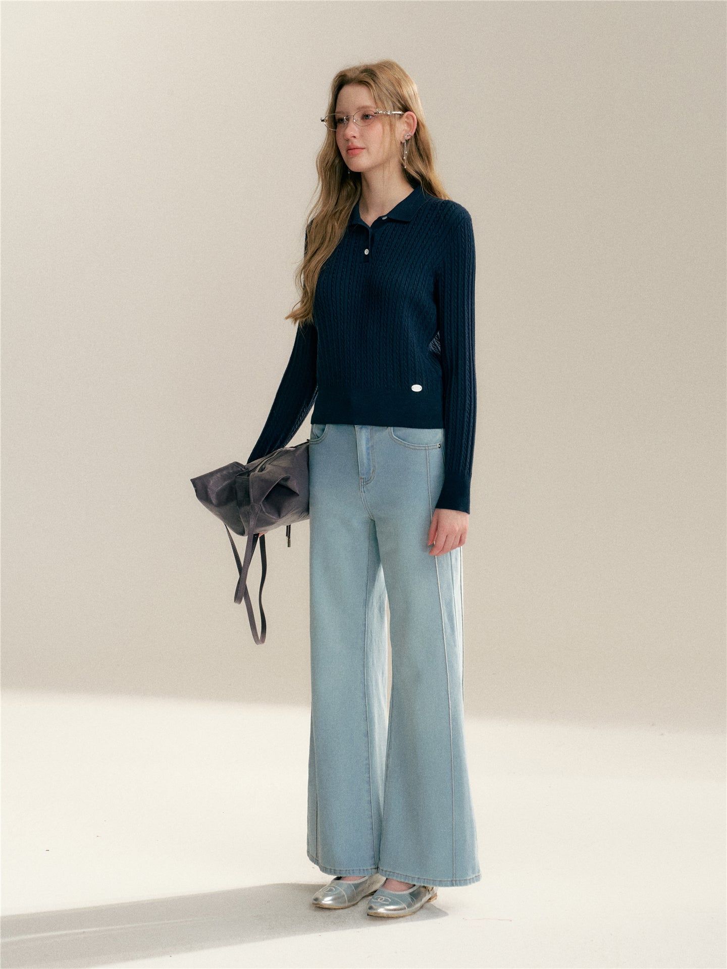 16DEWS 16D26009 Fake two-piece checkered spliced knitted sweater