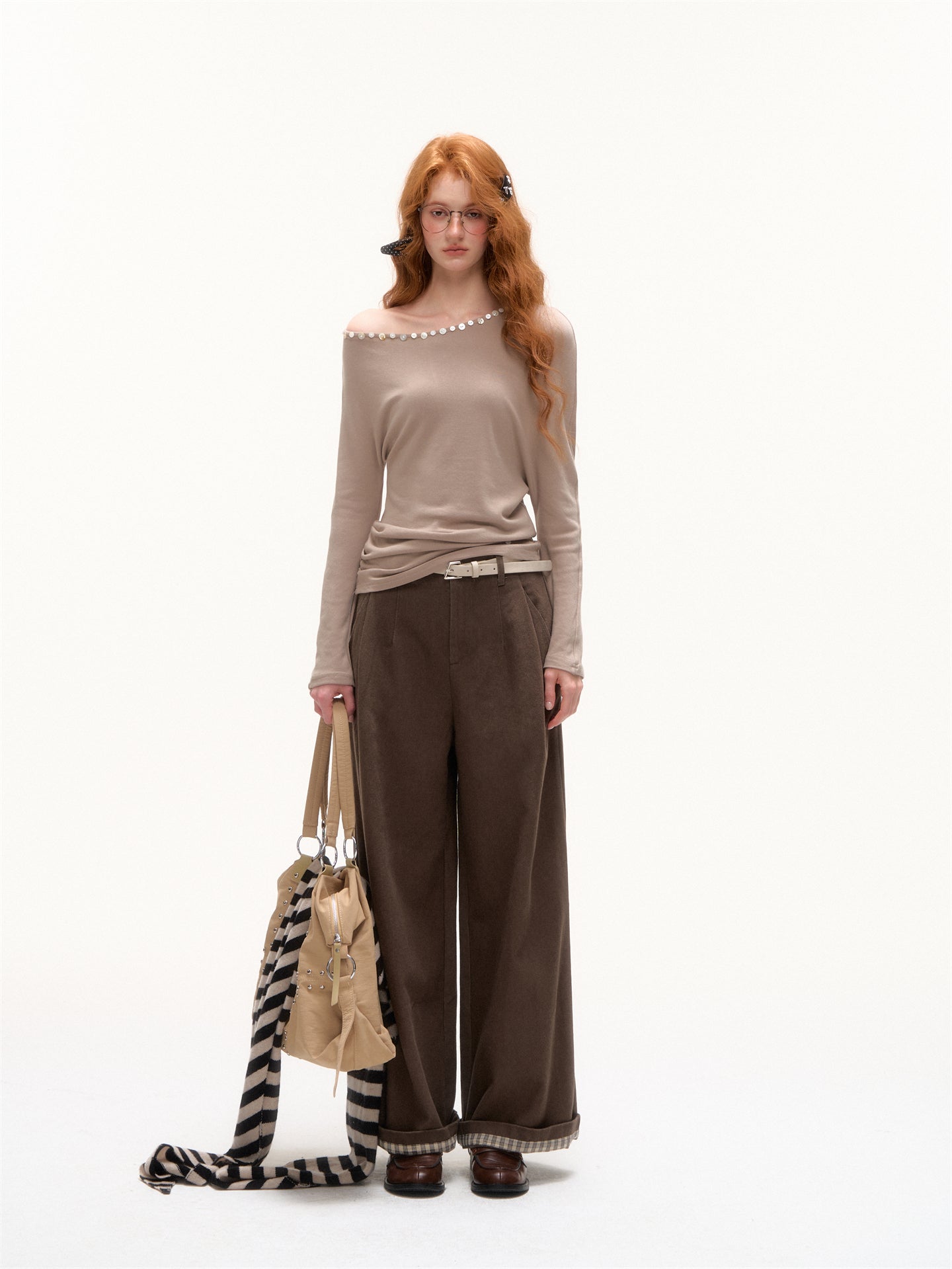 AsGony ASG25377 Checkered hem flared waistband loose pants