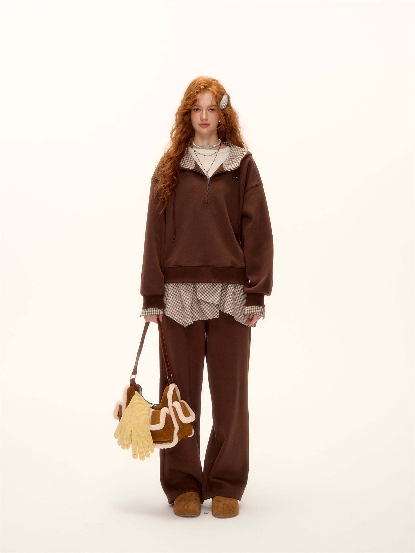 AsGony ASG24642&amp;ASG24641 Plaid patchwork fleece hoodie + pants set