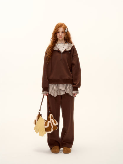 AsGony ASG24642&amp;ASG24641 Plaid patchwork fleece hoodie + pants set