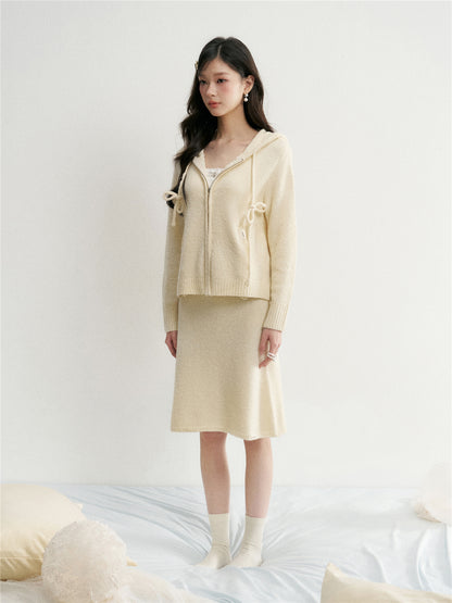 16DEWS 16D26031&amp;16D26032 Drawstring hooded zipper knitted cardigan + skirt