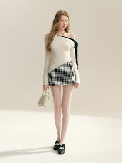 16DEWS 16D26008 Classic black and white grid spun wool A-line skirt