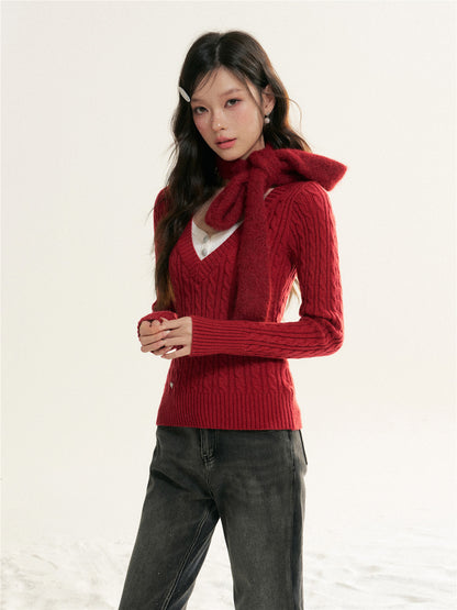 16DEWS 16D25514 Contrast V-neck fake two pieces knitting knitwear