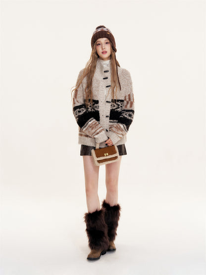 16DEWS 16D25386  Fair Isle Lapel Loosely Knitted Sweater