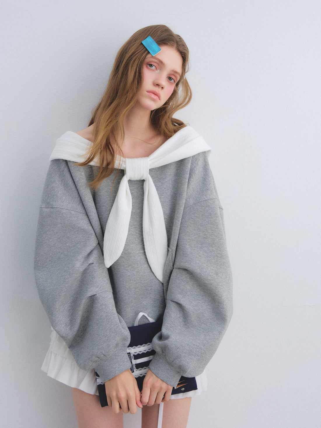 AsGony ASG25643 Rabbit ear one shoulder hooded sweatshirt