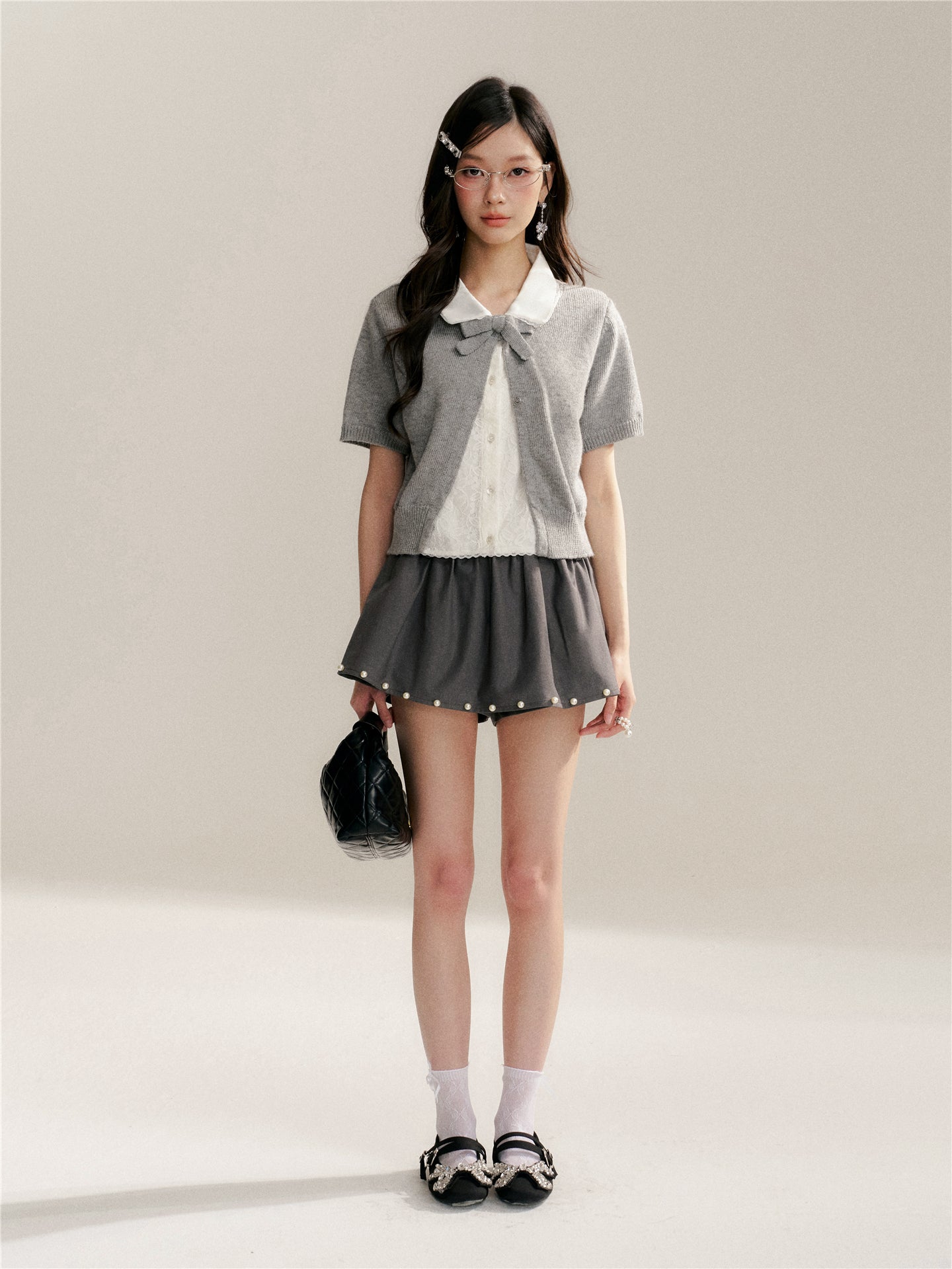 16DEWS 16D26065 Color blocking doll collar fake two-piece knitted short sleeved shirt